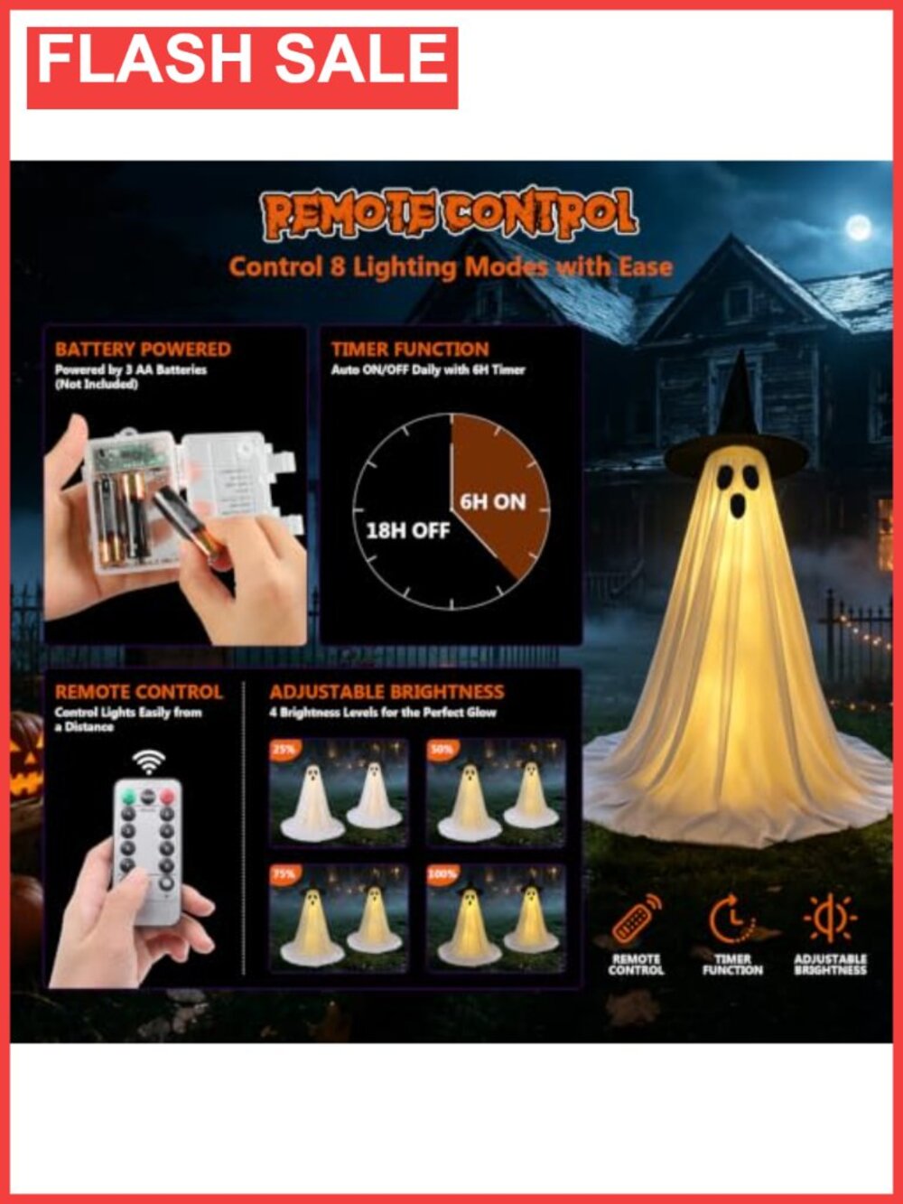 5FT Lighted Ghost Halloween Decorations 2 Pack Remote LED Outdoor Yard - Picture 4 of 6